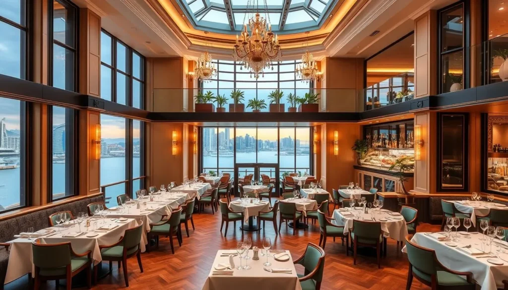 Generate an image of Maison Boulud's stunning double-story restaurant at Marina Bay Sands with waterfront views.