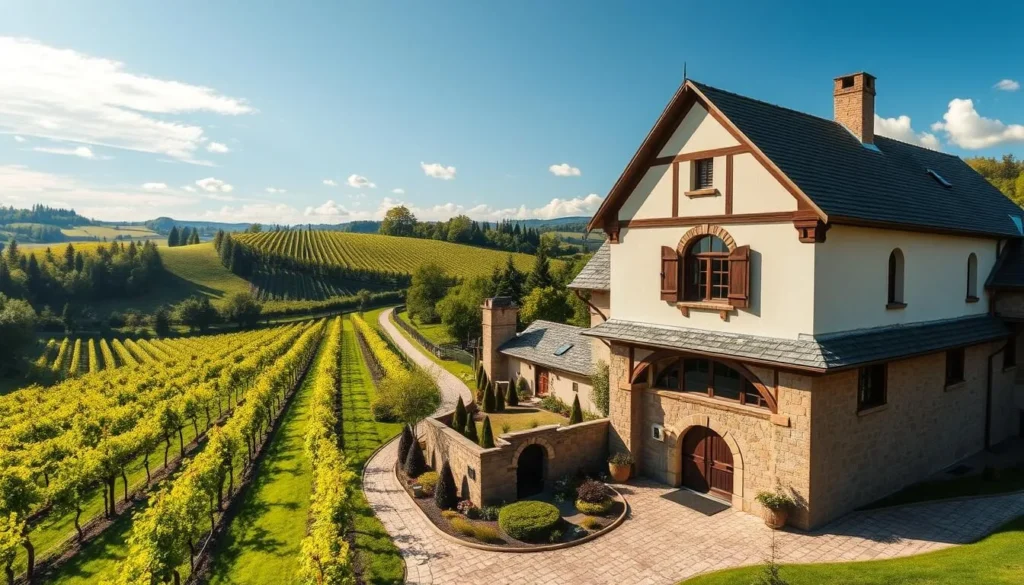 Generate an image of Maison Jean Huttard winery in Alsace, showcasing its beautiful vineyards and cellar.