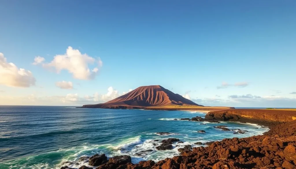 Generate an image of Mākena State Park's scenic coastline with Pu'u Ola'i cinder cone in the background.
