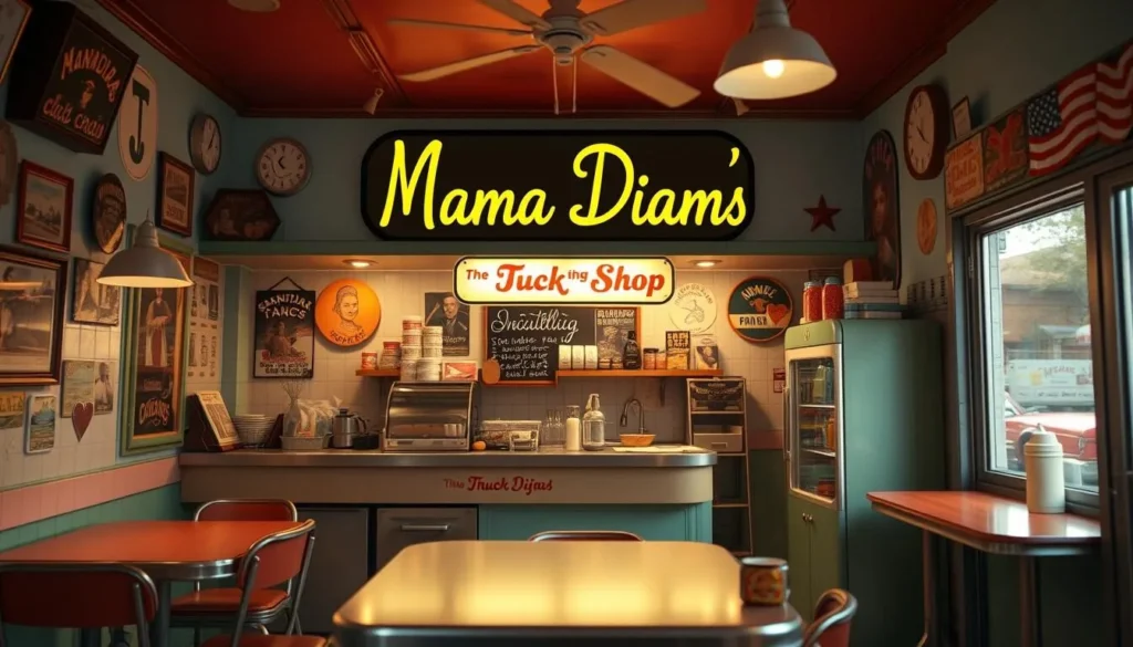 Generate an image of Mama Diam's interior, showcasing its vintage tuck shop decor.