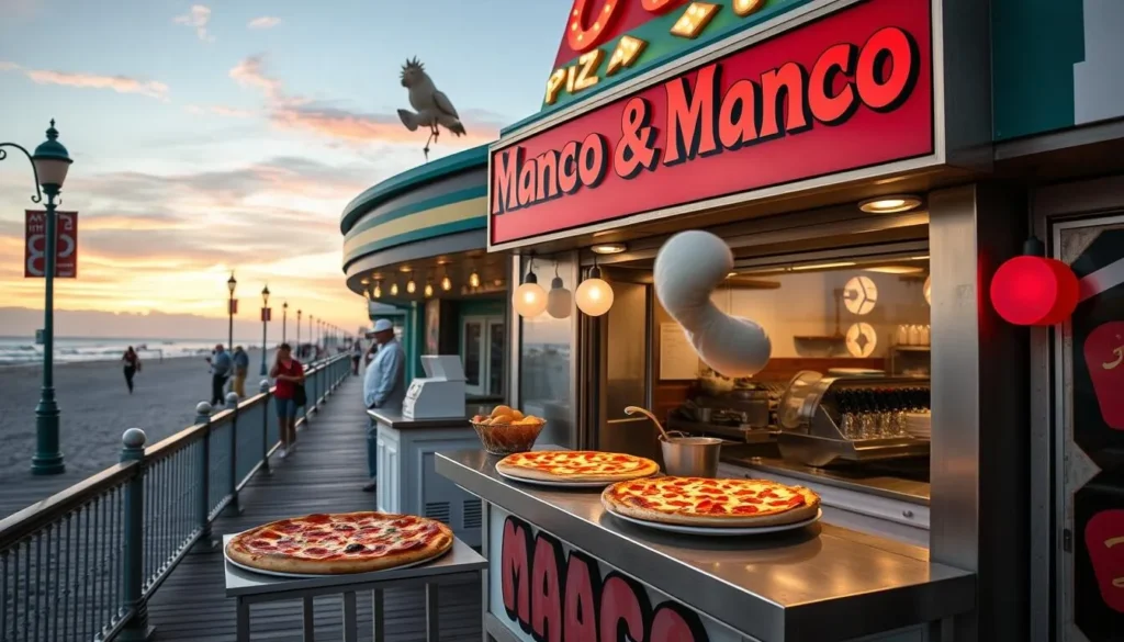Generate an image of Manco & Manco Pizza on the Ocean City boardwalk, highlighting their pizza and dough-tossing performance.