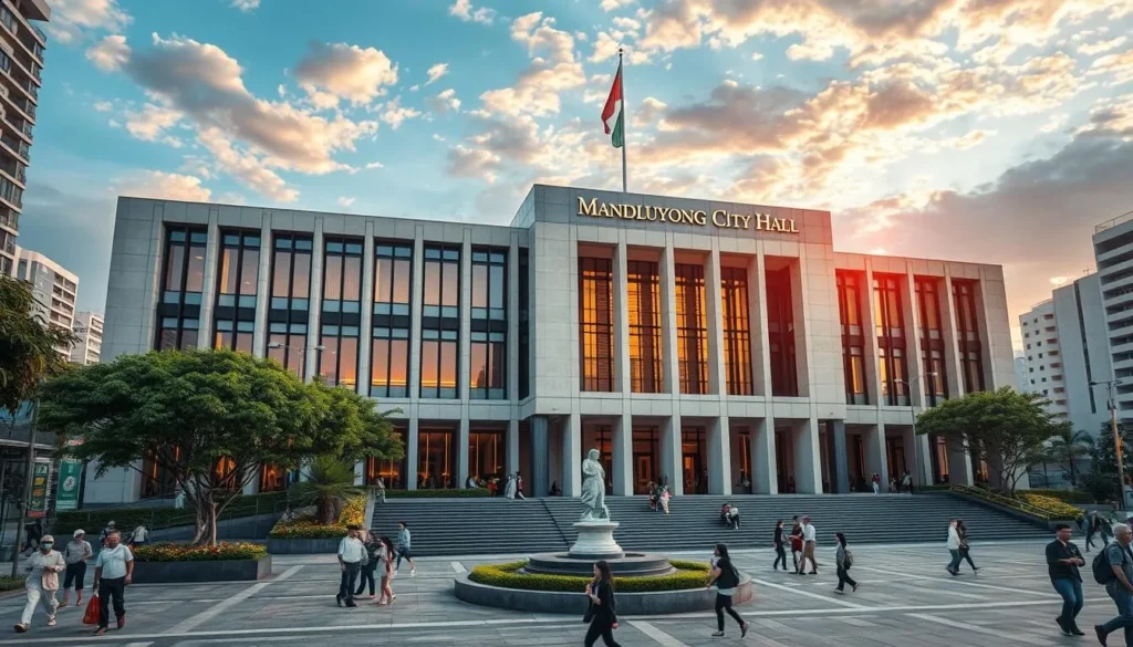 Generate an image of Mandaluyong City Hall and Plaza, showcasing its modern architecture and vibrant public space.