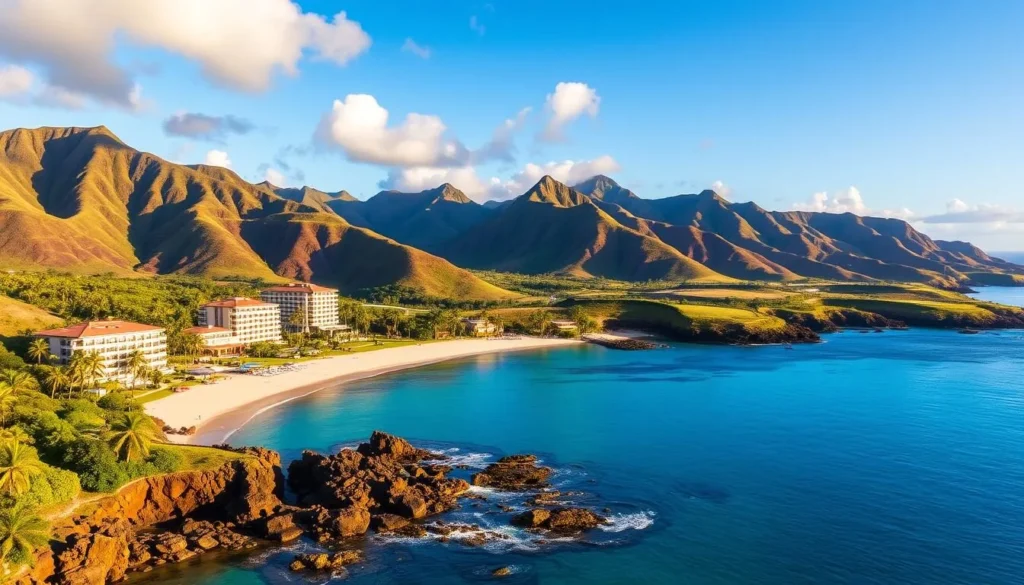 Generate an image of Manele Bay with its calm waters and luxury resorts.