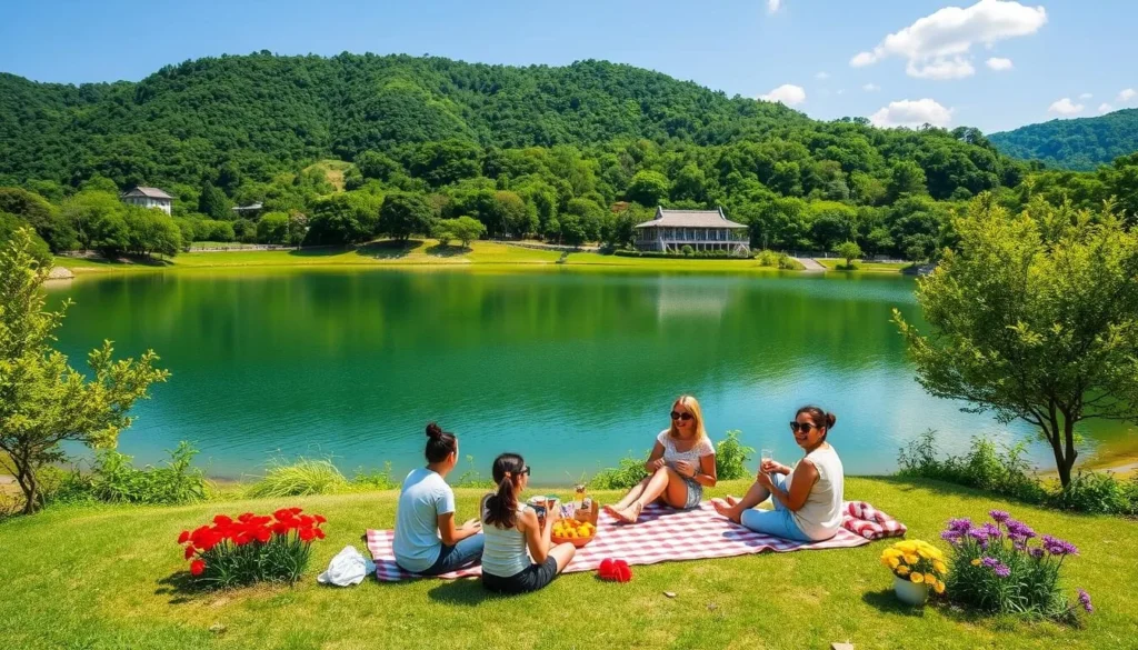 Generate an image of Mangwol Lake Park with visitors enjoying a picnic by the lake.