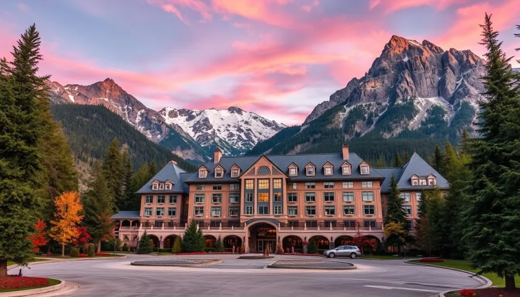 Generate an image of Many Glacier Hotel surrounded by mountains and trees. Generate an image of Many Glacier Hotel surrounded by mountains and trees.