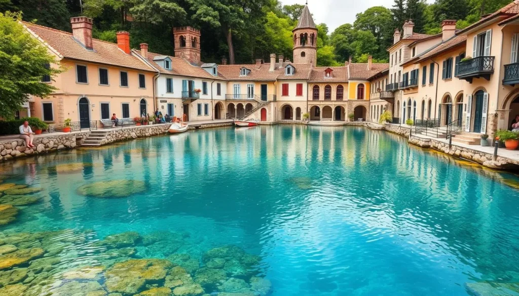 Generate an image of Maramec Spring with clear blue water and surrounding historic buildings.