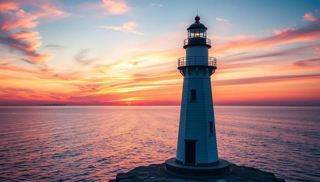 Generate an image of Marblehead Lighthouse at sunset with Lake Erie in the background.
