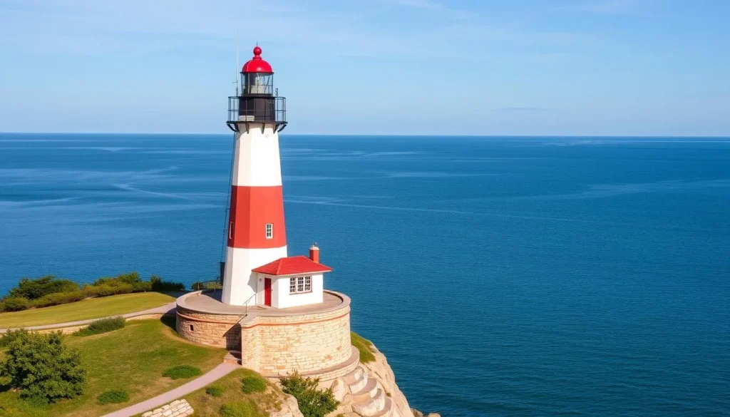 Generate an image of Marblehead Lighthouse with Lake Erie in the background.