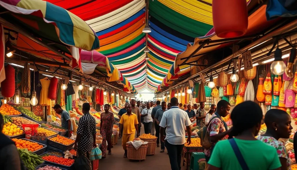 Generate an image of Marche de Treichville market in Abidjan, showcasing vibrant colors and bustling activity.