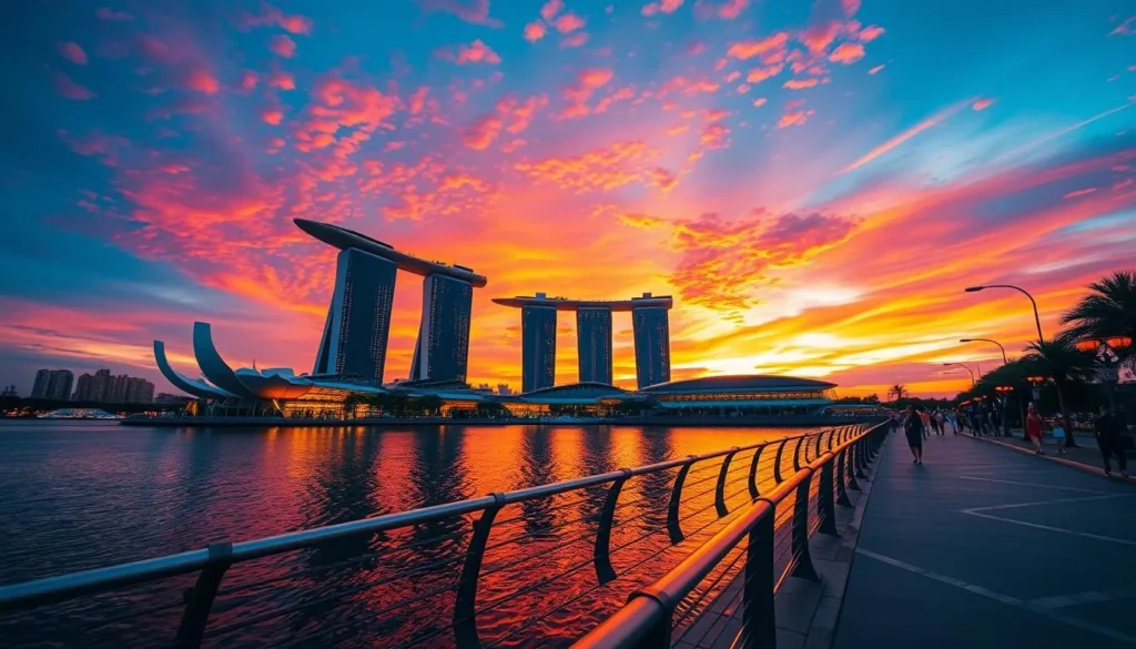 Generate an image of Marina Bay Waterfront Promenade at sunset with the Marina Bay Sands hotel in the background.