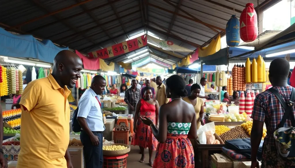 Generate an image of Market Circle in Takoradi, Ghana, showcasing its vibrant atmosphere and diverse goods.