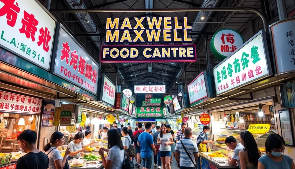 Generate an image of Maxwell Food Centre's bustling atmosphere with various stalls and customers enjoying their meals.