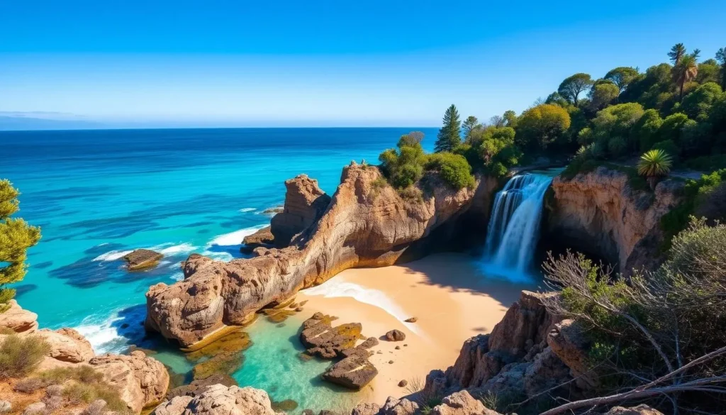 Generate an image of McWay Falls cascading onto a sandy beach with turquoise waters.