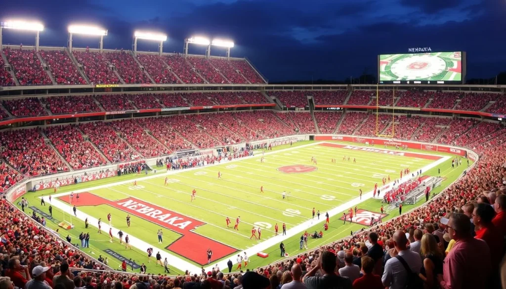 Generate an image of Memorial Stadium during a University of Nebraska football game, capturing the energetic crowd.