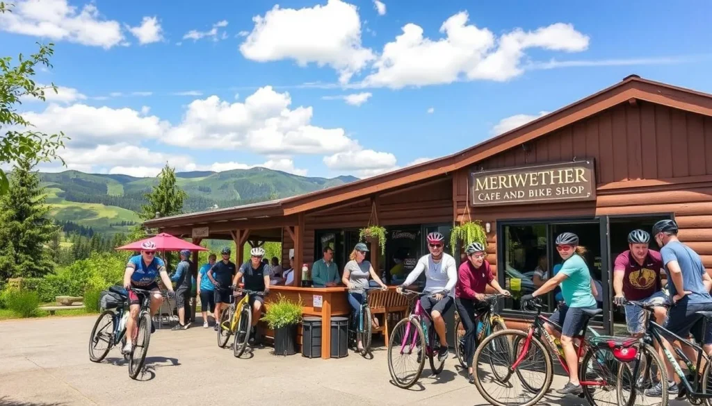 Generate an image of Meriwether Café and Bike Shop with cyclists and outdoor enthusiasts.