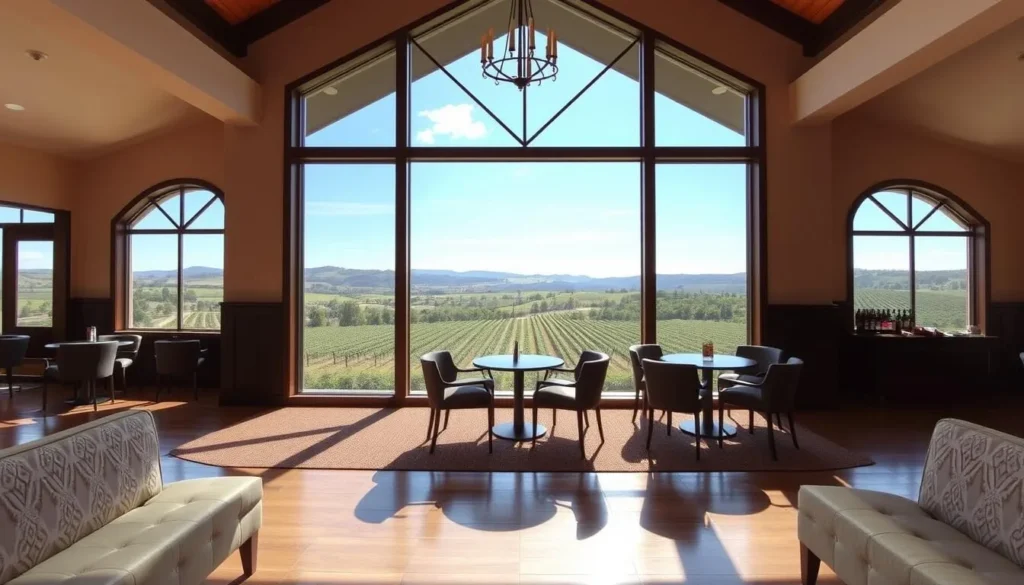 Generate an image of Michael David Winery's tasting room with a beautiful vineyard view.