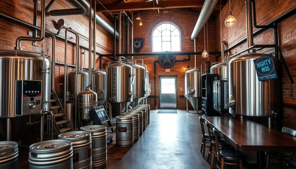 Generate an image of Mighty Miss Brewing Company's brewery in Greenville, Mississippi, showcasing their brewing equipment and a welcoming taproom.