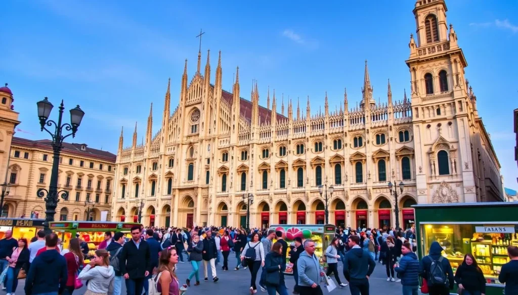 Generate an image of Milan's iconic Duomo square with people shopping and enjoying the city atmosphere.
