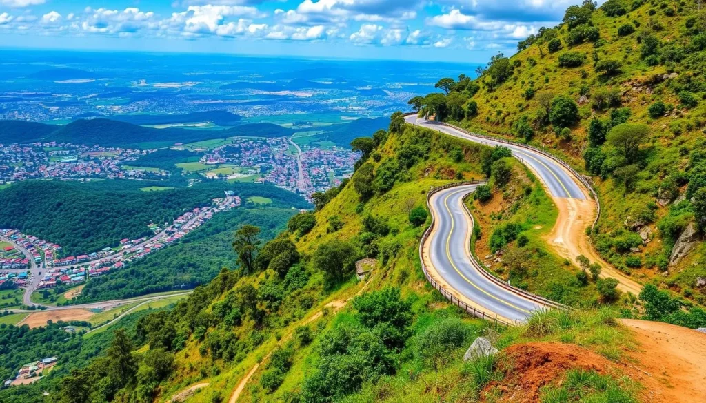 Generate an image of Miliken Hill with a winding road and panoramic views of Enugu city.