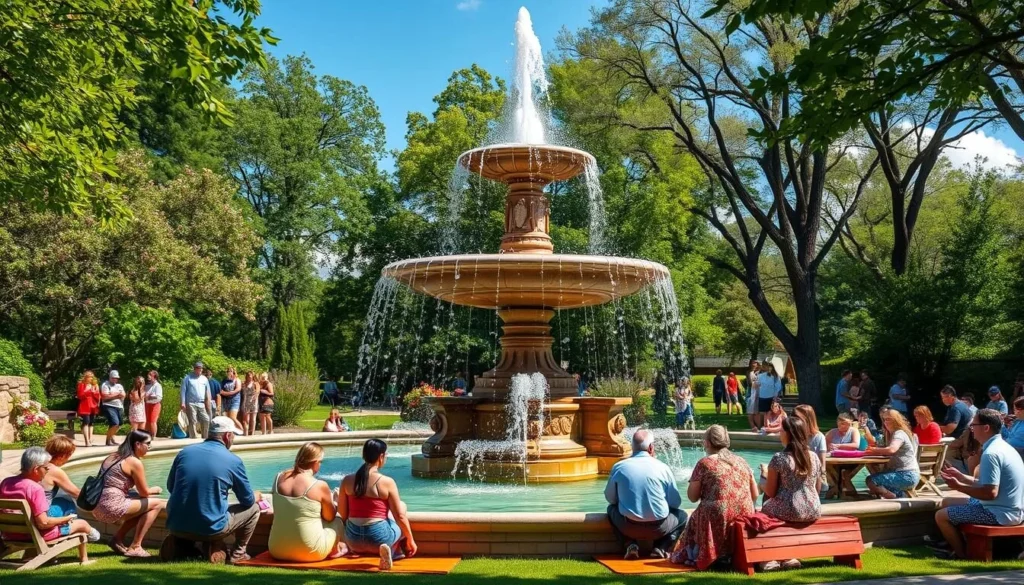 Generate an image of Mill Creek Park's J.C. Nichols Memorial Fountain with people picnicking in the background.