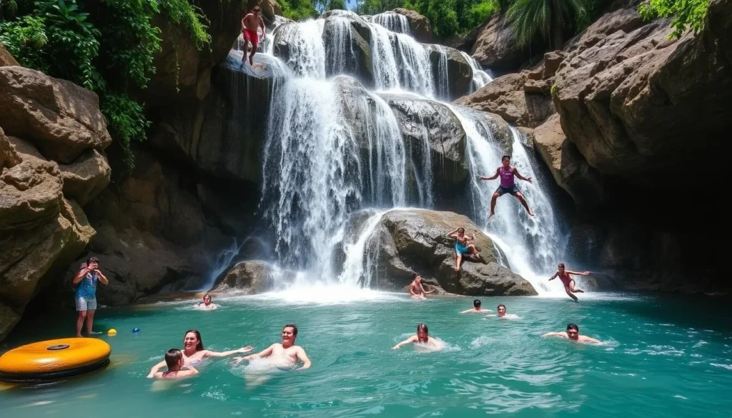 Generate an image of Minas Viejas Cascades with people swimming in the pools and jumping off the platforms.