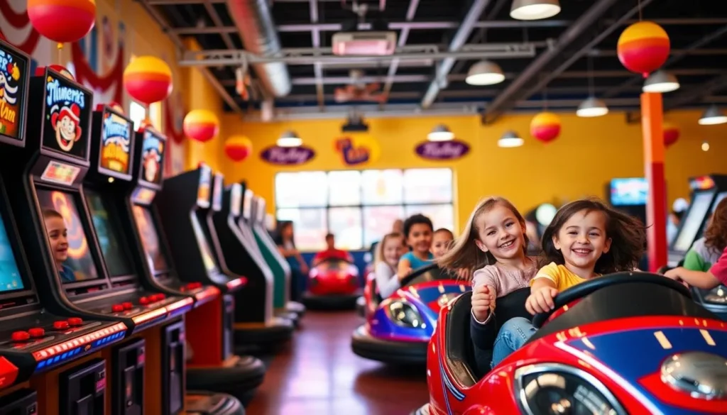 Generate an image of Miner Mike's Indoor Family Fun Center, showing kids playing arcade games and having fun on bumper cars.