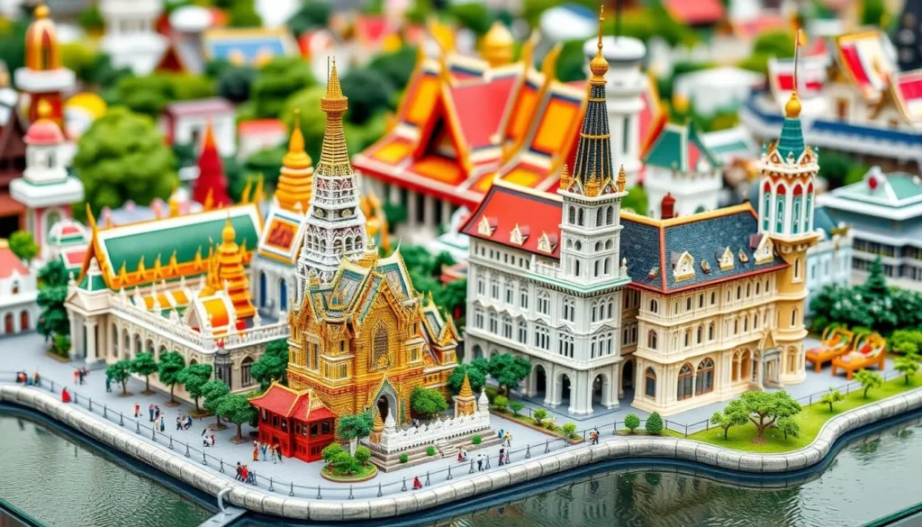 Generate an image of Mini Siam and Mini Europe, featuring miniature replicas of famous landmarks.