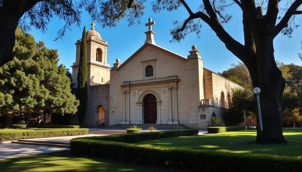Generate an image of Mission San Rafael Arcangel, showcasing its historic architecture and serene surroundings.