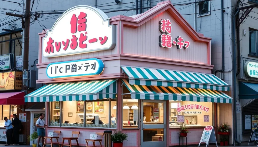 Generate an image of Miyahara Ice Cream shop with its unique architecture.