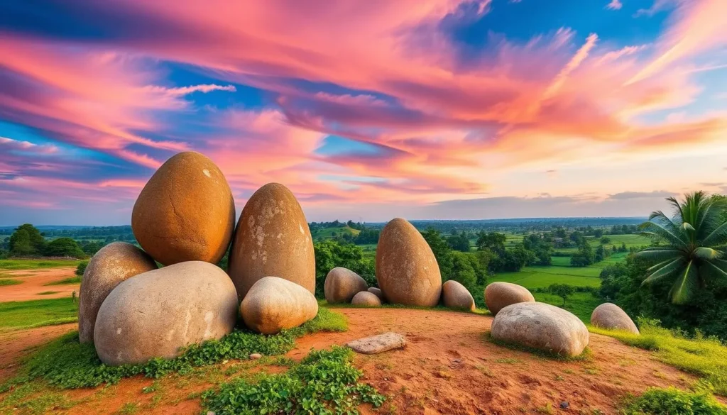 Generate an image of Mkpuma Ekwa Oku Rocks, a natural formation of egg-shaped stones in a rural Nigerian landscape.