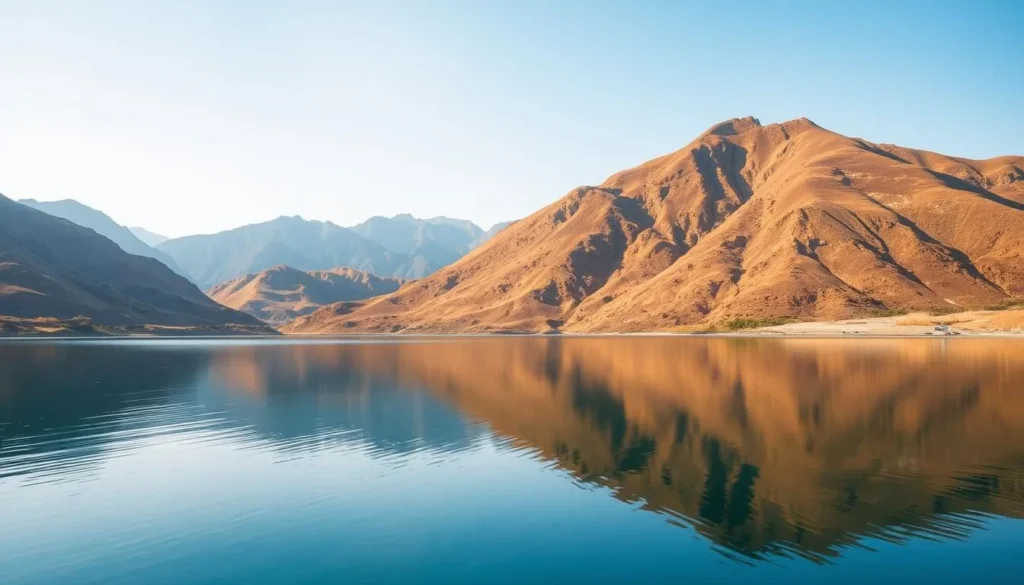 Generate an image of Mohamaya Lake with its calm waters reflecting the surrounding hills.