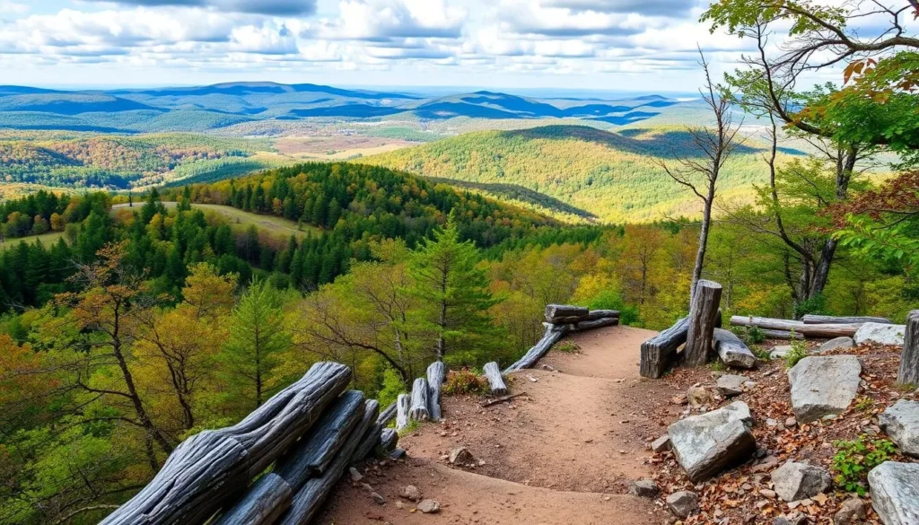 Generate an image of Mohican State Park with hiking trails and scenic views.