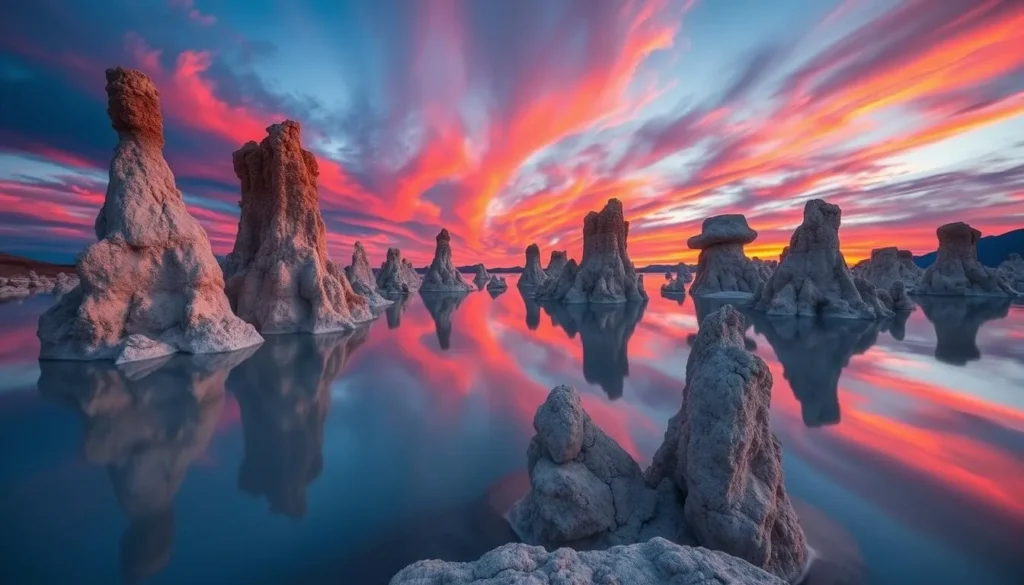 Generate an image of Mono Lake's tufa towers at sunset