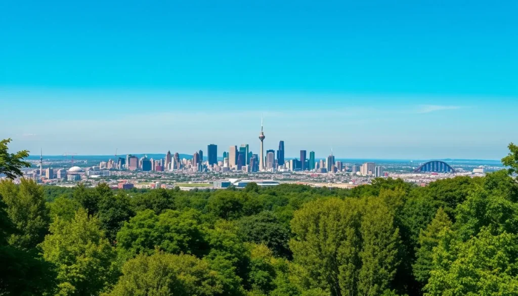Generate an image of Mont-Royal Park with a panoramic view of Montreal's skyline