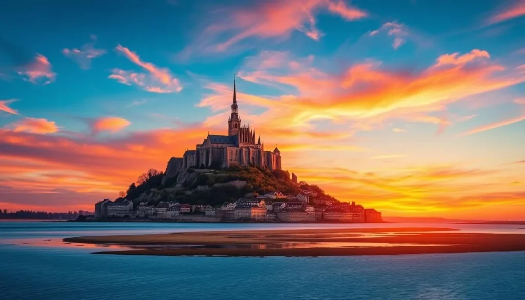Generate an image of Mont Saint-Michel at sunset with the bay in the foreground.