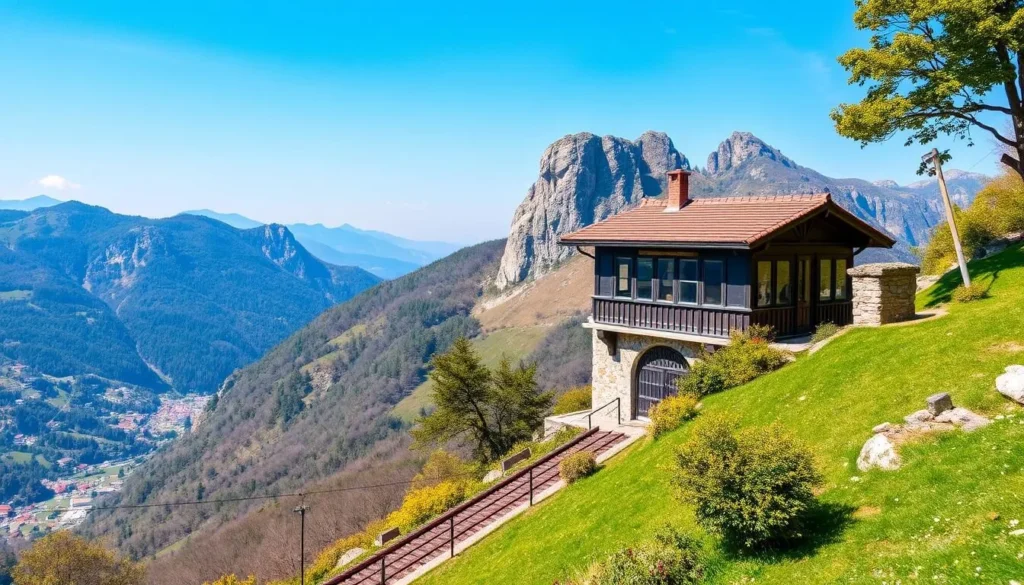 Generate an image of Monte Brè with a funicular railway in Lugano.