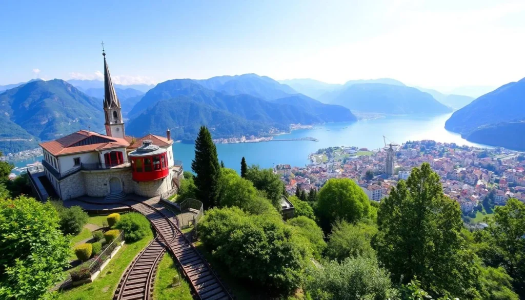 Generate an image of Monte San Salvatore with a funicular railway in Lugano.