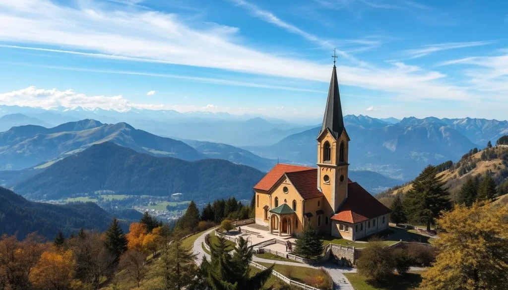 Generate an image of Monte Tamaro with panoramic views of the Swiss Alps and a church in the foreground.