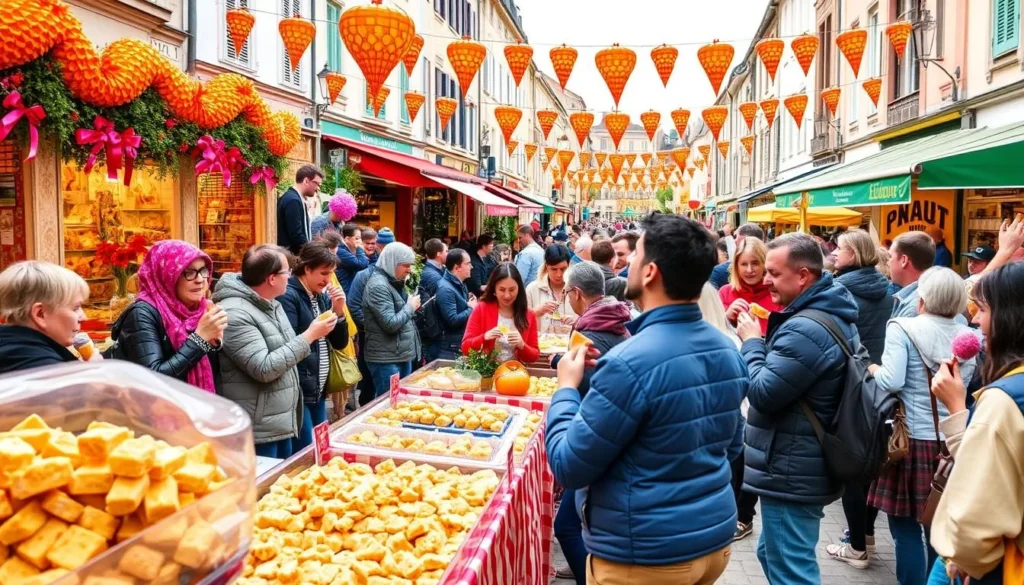 Generate an image of Montélimar's Nougat Festival with people enjoying nougat and street performances.