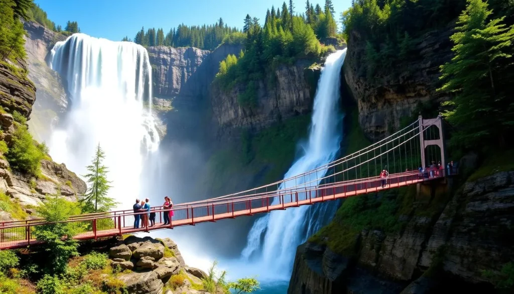 Generate an image of Montmorency Falls with a suspension bridge and visitors experiencing the falls.