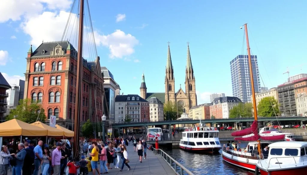 Generate an image of Montreal's Historic Old Port with the Notre-Dame Basilica in the background.