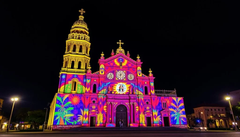 Generate an image of Morelia Cathedral at night with a spectacular light show