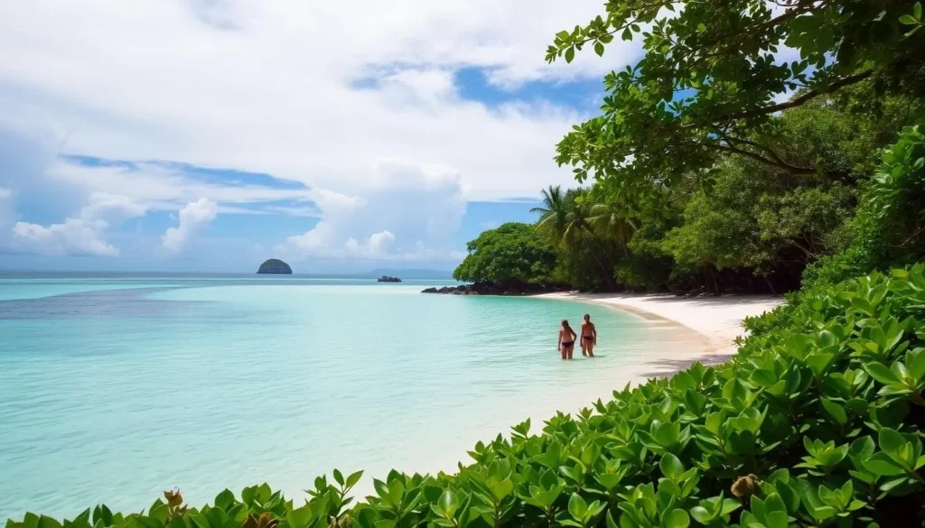 Generate an image of Motu Onetahi's pristine beach with crystal-clear lagoon waters and lush green vegetation.