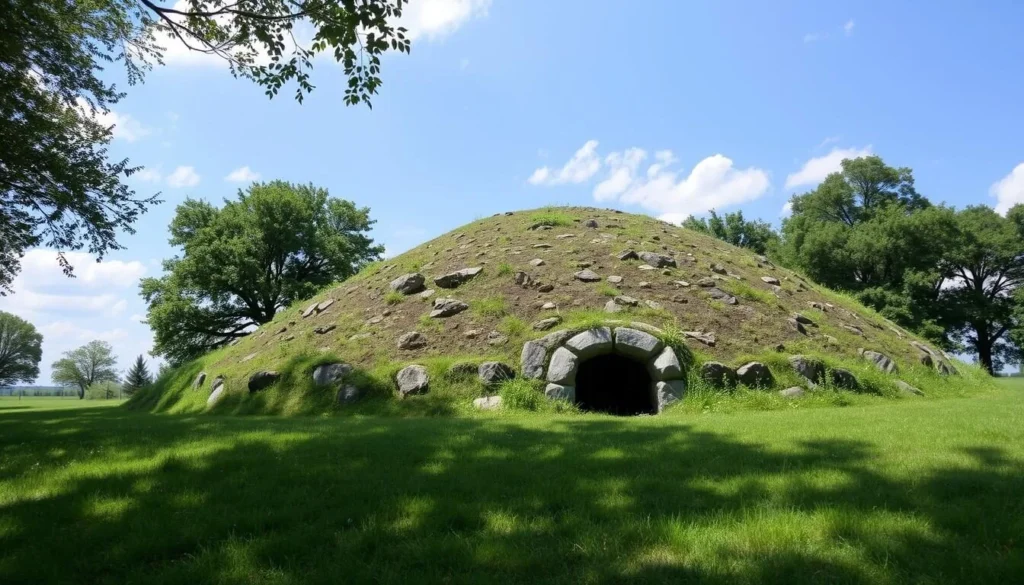 Generate an image of Mound Cemetery, highlighting its historical significance and the Adena burial mound.