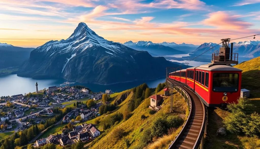 Generate an image of Mount Pilatus with a cogwheel railway ascending to the summit, surrounded by picturesque villages and Lake Lucerne in the background.