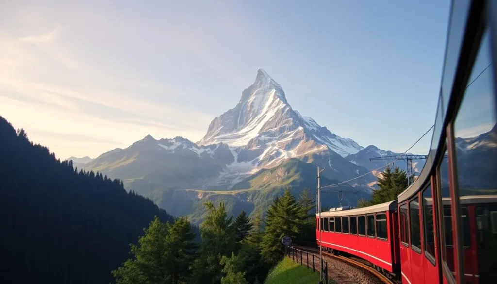 Generate an image of Mount Pilatus with a cogwheel railway in the foreground.