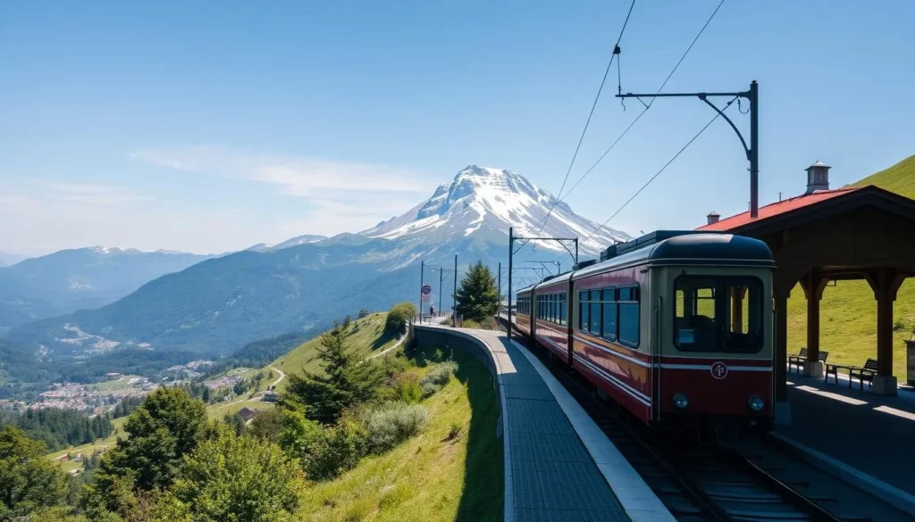 Generate an image of Mount Rigi with a train arriving at the station