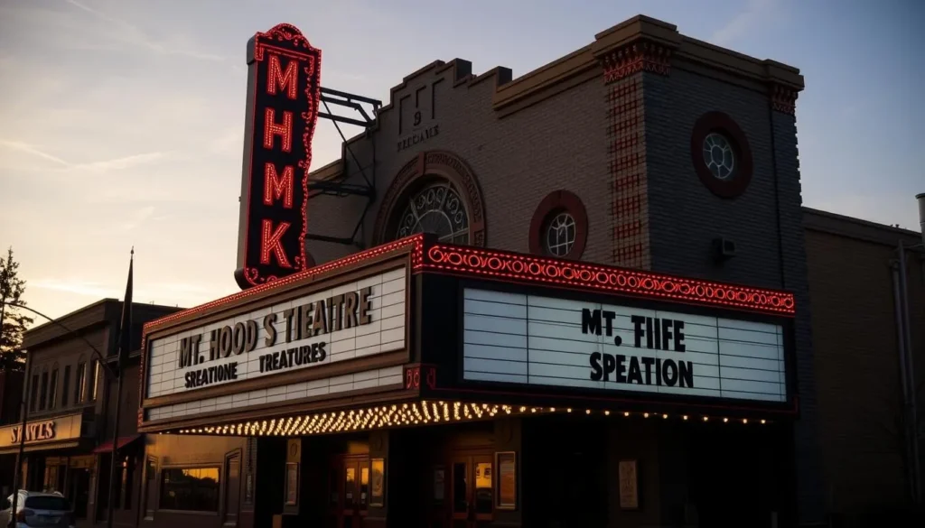 Generate an image of Mt. Hood Theatre's exterior with its marquee sign.
