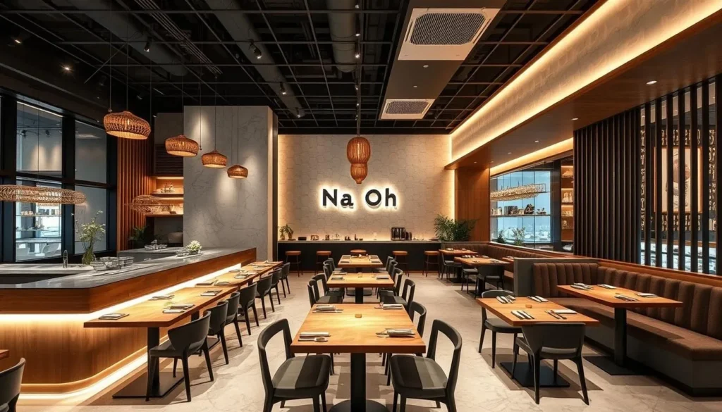 Generate an image of Na Oh restaurant's interior, showcasing its modern Korean design elements.