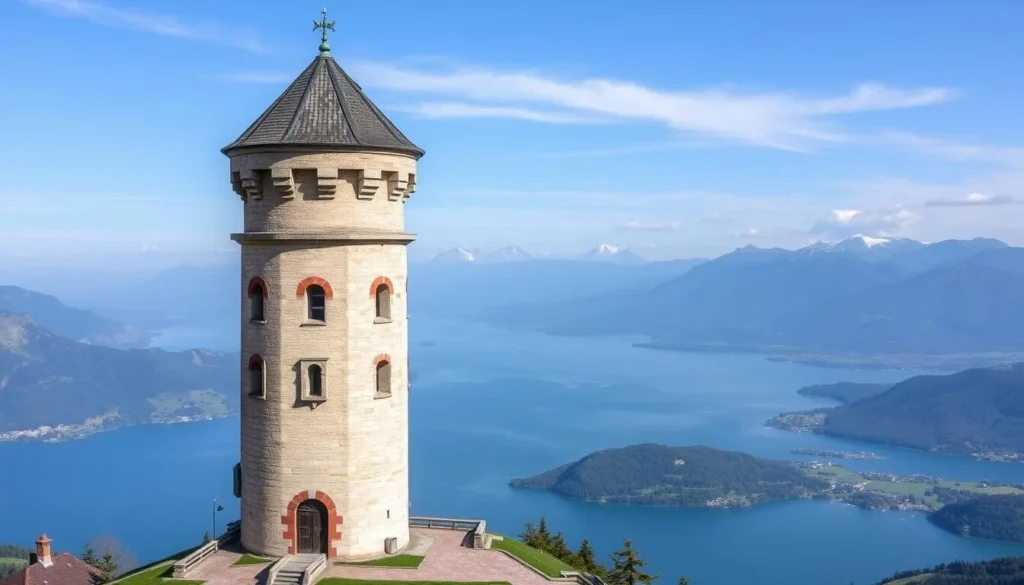 Generate an image of Napoleon's Tower in Wäldi, Switzerland, with a panoramic view of Lake Constance and the Alps.